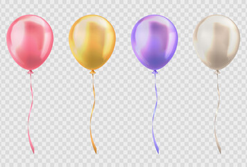 Set of 3d realistic glossy pastel yellow, pink, beige and purple balloons on transparent background. Various three dimensional helium balloons with ribbons for birthday, anniversary, party, wedding