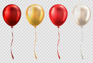 3d realistic glossy dark and light red, golden and beige balloons on transparent background. Colorful three dimensional shiny helium balloons with ribbons for party, birthday, anniversary, wedding - obrazy, fototapety, plakaty
