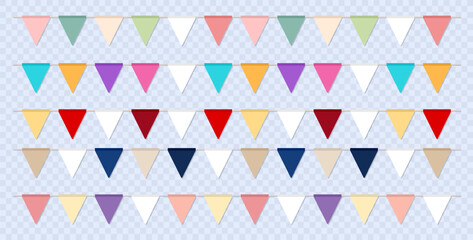 Collection of 6 flat cartoon party flags, bunting on transparent background. Set of bright multicolored  pennants, seamless festive triangle garlands for birthday celebration, festival, carnival - obrazy, fototapety, plakaty