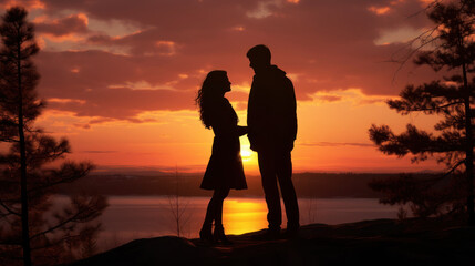Fototapeta na wymiar A couples silhouette against the backdrop of a beautiful sunrise.