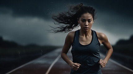 a woman running on a track, female athlete, sports