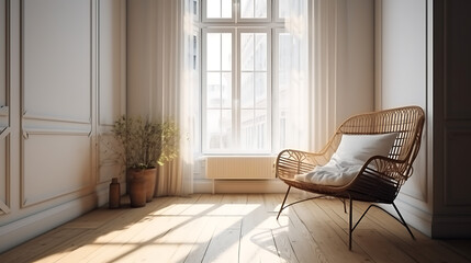 a bright room with a rattan chair and a window