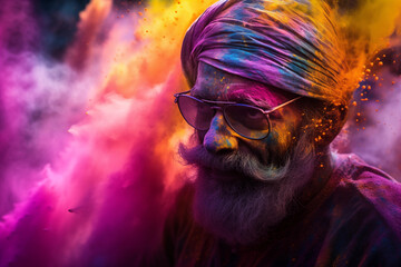 Obraz na płótnie Canvas Elderly Gentleman Delighting in the Holi Festival's Colorful Splendor