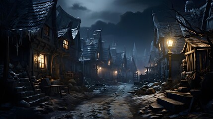 Mystical village in the night. 3D Rendering.
