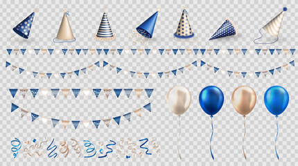 Set of festive decorations bundle - 3d balloons, realistic party hats, streamers and colorful buntings. Collection of blue and beige carnival pennants, ribbon serpentine, paper caps for celebration