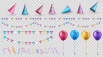 Set of 3d realistic party celebration elements - colorful party hats, carnival pennants or buntings, glossy balloons and multicolored streamers or ribbon serpentine isolated on transparent background