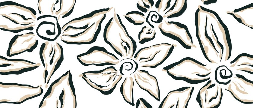 Seamless abstract botanical pattern. Simple background with black, beige, white texture. Digital brush strokes. Flowers. Design for textile fabrics, wrapping paper, background, wallpaper, cover.