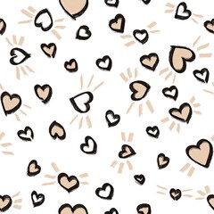 Seamless abstract holiday pattern. Simple background in beige, white and black colors. Digital texture. Hearts, lines. Design for textile fabrics, wrapping paper, background, wallpaper, cover.