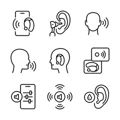 Hearing aid icons set. Volume booster for ears, for the deaf old and young. For better hearing, linear icon collection - obrazy, fototapety, plakaty