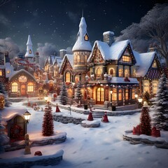 Christmas and New Year holiday background. Christmas trees and houses in the village