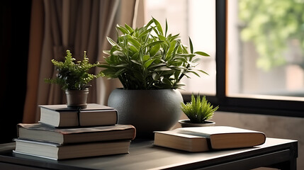 potted plant on a wooden table with book and plant