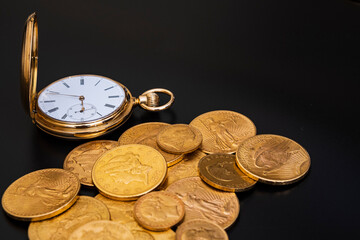 bitcoin and gold coins pocket watch
