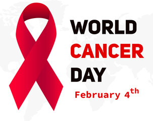 Realistic red ribbon. Symbol of World Cancer Day February 4. Symbol of World AIDS and Cancer Day. Vector illustration.