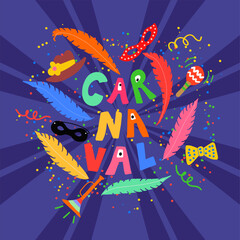 Funny and colorful Carnaval symbols in cartoon style