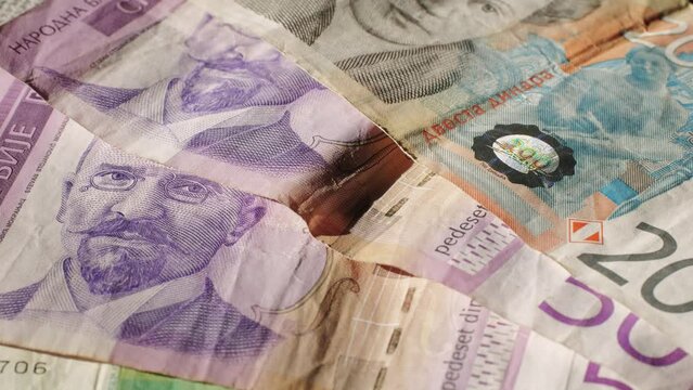 Serbian dinar banknotes cash money close-up macro. 50, 200 dinars. Payment