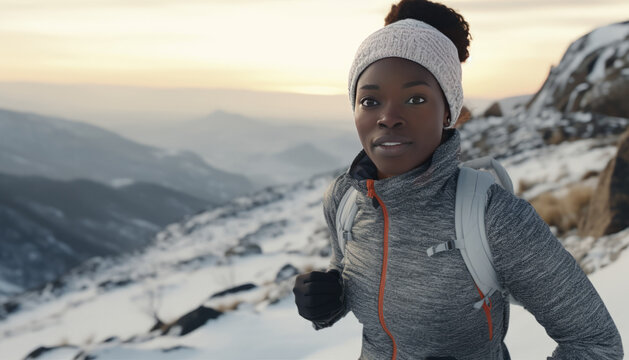 African Woman Trail Runner Cross Country Running Up To Winter Snow Mountain Top ,generative Ai