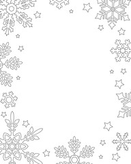 Background. Frame with snowflakes and stars. Black and white vector illustration.