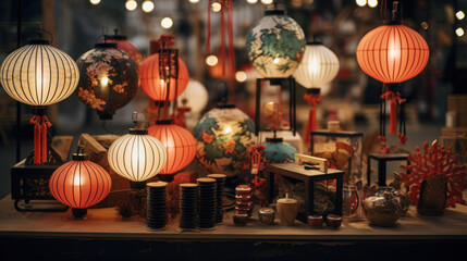 A display of traditional crafts like paper lanterns and fans.