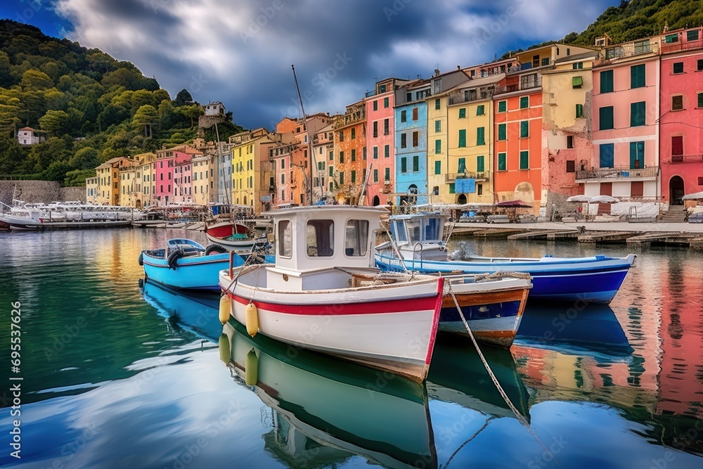 Poster a group of boats floating on top of a body of water next to a row of multicolored buildings on the s