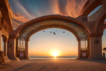 A mystical promenade along the beach in Santa Pola at sunrise, with a magical portal opening in the sky, allowing fantastical creatures to emerge, the air filled with an otherworldly glow - obrazy, fototapety, plakaty