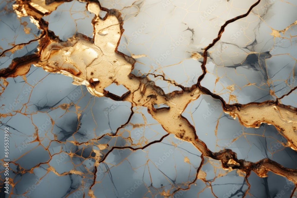 Poster a close up view of a marbled surface that looks like it has been stained gold and has a blue sky in 