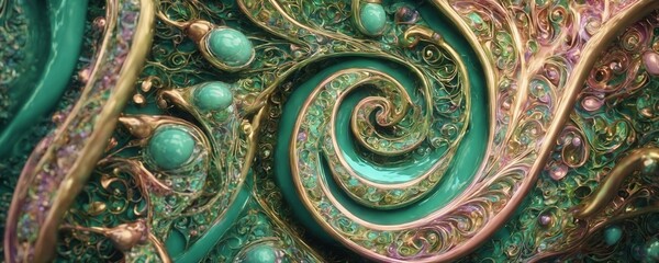 Obraz premium a green and gold swirl with pink and green swirls