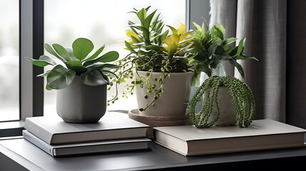 potted plant on a wooden table with book and plant