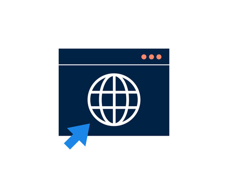 Isolated cursor that clicks on the browser with the image of the planet . Vector illustration in flat style design.	