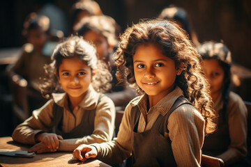 Generative AI - Children at school in India - obrazy, fototapety, plakaty
