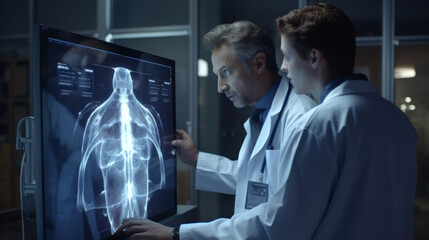 A doctor showing a patient an x-ray or scan of a tumor. - obrazy, fototapety, plakaty
