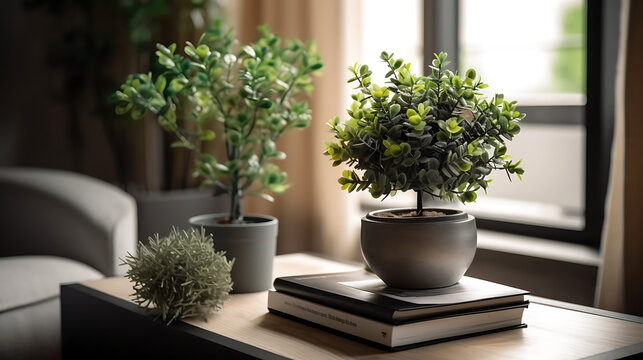 Potted Plant On A Wooden Table With Book And Plant