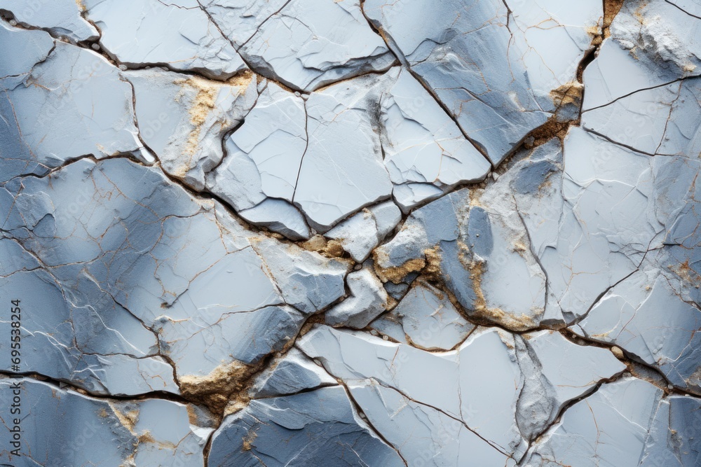 Poster a close up of a cracked surface with a blue sky in the background and gold foiling on the edges of t