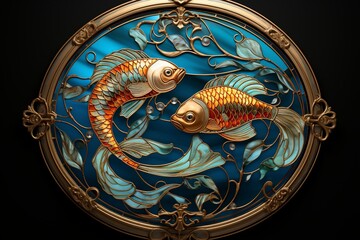 Pisces zodiac sign, fish astrological design, astrology horoscope symbol of February March month background with cosmic animal in stained glass style - obrazy, fototapety, plakaty