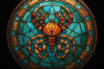 Fototapeta na wymiar Scorpio zodiac sign, scorpion astrological design, astrology horoscope symbol of February March month background with cosmic animal in stained glass style