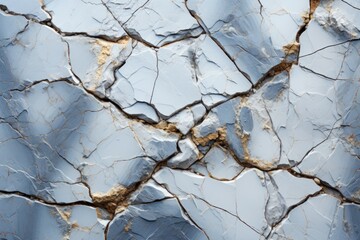  a close up of a cracked surface with a blue sky in the background and gold foiling on the edges of the cracks in the top part of the surface.