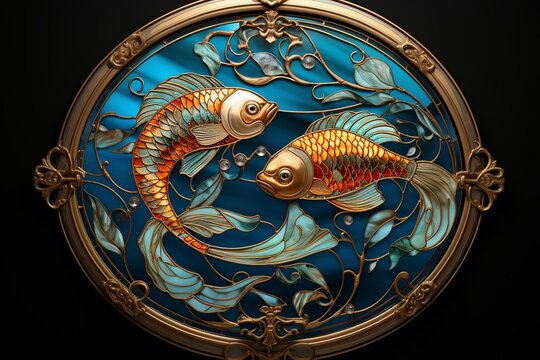Pisces zodiac sign, fish astrological design, astrology horoscope symbol of February March month background with cosmic animal in stained glass style