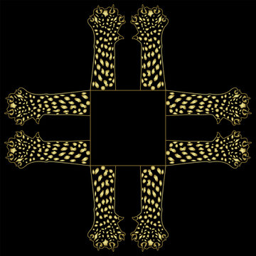 Square animal design or frame with paws of cheetah or spotted wild cat. Black and gold silhouette.