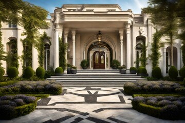 Fototapeta premium A luxurious estate with a grand entrance and symmetrical landscaping, conveying a sense of opulence and prestige.