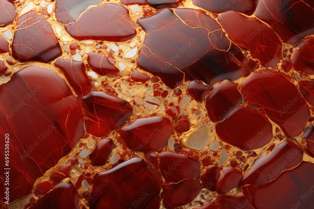 Poster a close up of a red and gold surface with a lot of small pieces of red and gold in the middle of the
