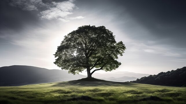 A beautiful tree sits in the middle of a field that is covered in grass and has the tree line in the background