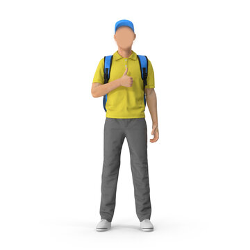 Full body delivery guy employee workwear work as dealer courier isolated on white, Courier/Food delivery man with a large backpack, Online delivery concept for mockup and Advertising. 3D PNG