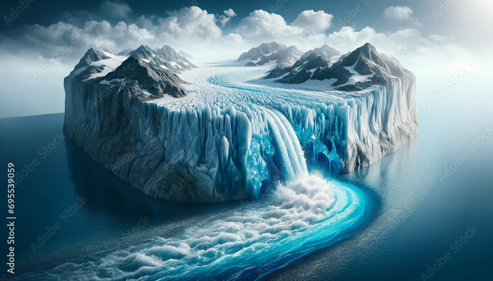 Poster a powerful image of a melting glacier transitioning into pure, flowing water.
