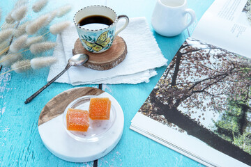 Fruit paste, coffee and reading for a relaxing break in nature