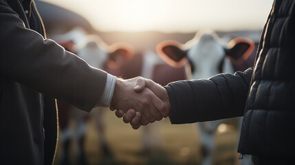 Close up of handshake of two farmers in jacket against the background with cows