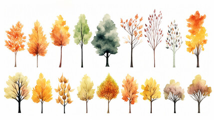 Variety of trees with autumn seasonal leaves in watercolor style.  - obrazy, fototapety, plakaty