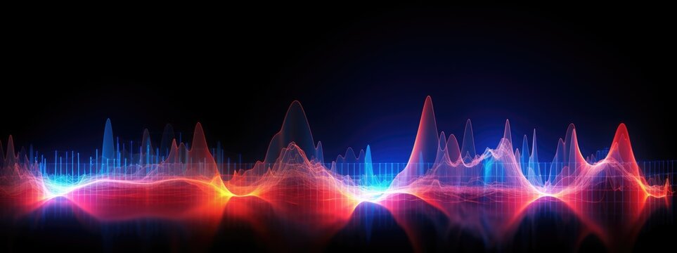 Colorful 3D music sound waves or earthquake seismogram with wiggly lines on dark background