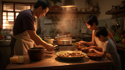 Fototapeta na wymiar A family cooking traditional dishes such as nian gao rice cake .