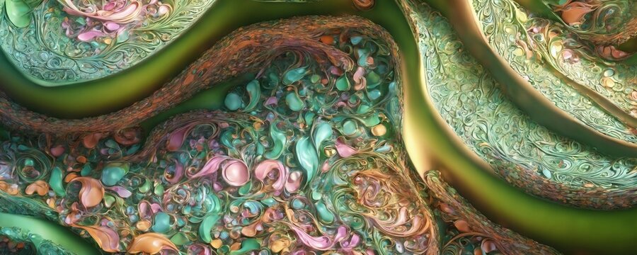 a digital painting of a green and pink swirl