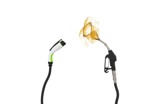 Electric vehicle charging plug vs gas nozzle isolate on white background. Alternative future with renewable energy.
