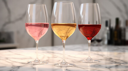 Red, rose and white wine in glasses. 